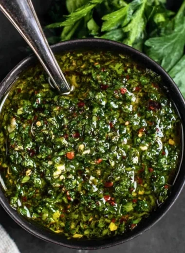 Easy chimichurri sauce recipe with fresh herbs and garlic.
