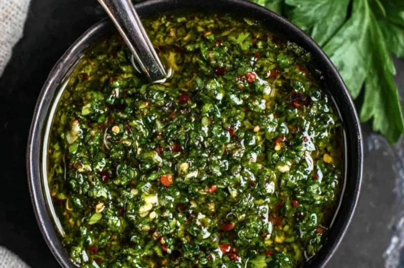 Easy chimichurri sauce recipe with fresh herbs and garlic.