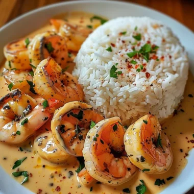 Delicious creamy garlic shrimp served over pasta with herbs.