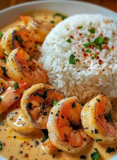 Delicious creamy garlic shrimp served over pasta with herbs.