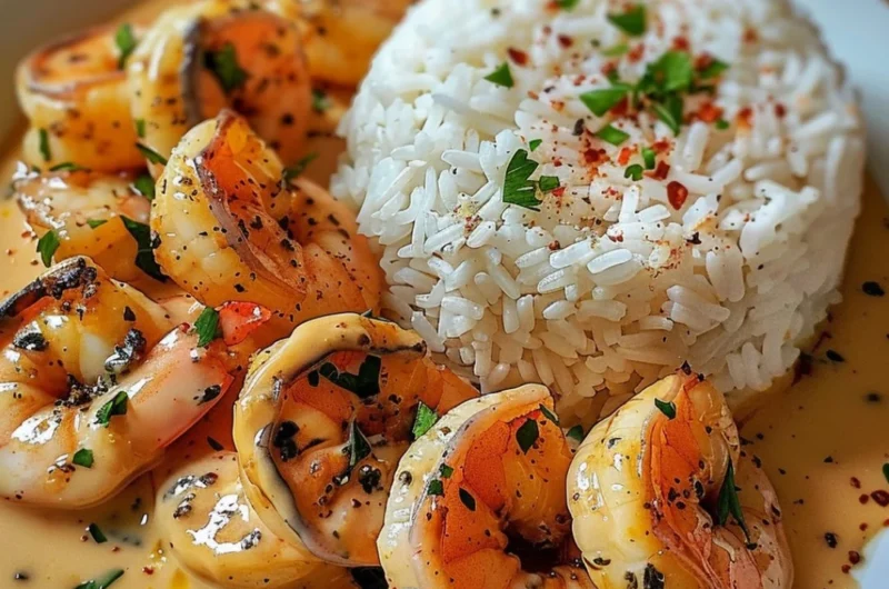 Delicious creamy garlic shrimp served over pasta with herbs.