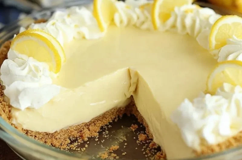 Slice of easy lemon cream pie on a plate with lemon slices