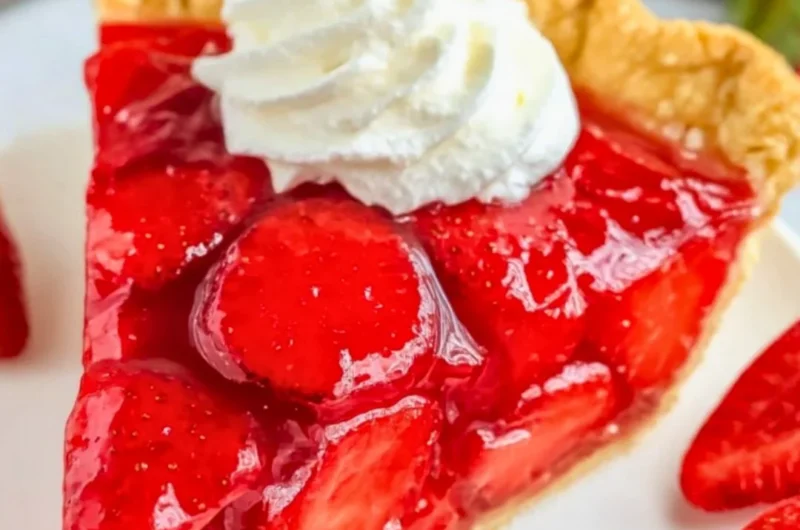 Delicious Easy Shoney's Strawberry Pie topped with fresh strawberries and whipped cream