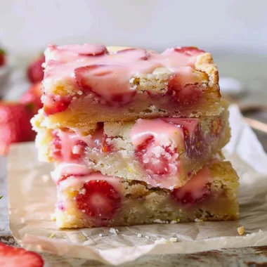 Freshly baked easy strawberry lemon blondies on a platter