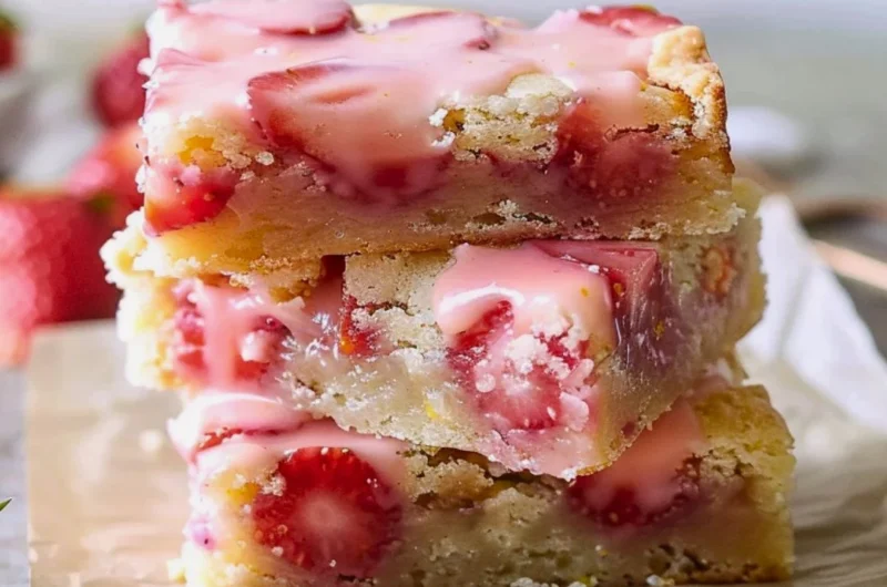 Freshly baked easy strawberry lemon blondies on a platter