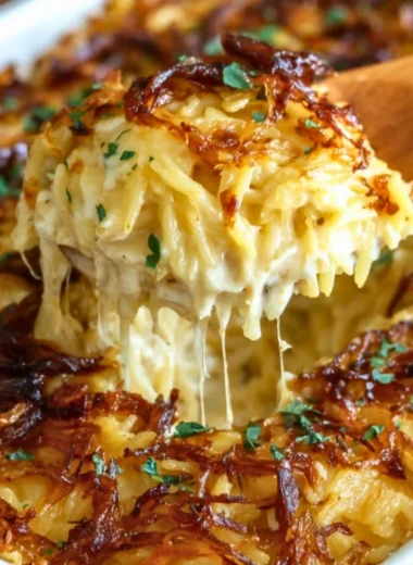 French Onion Chicken Orzo Casserole topped with cheese and herbs