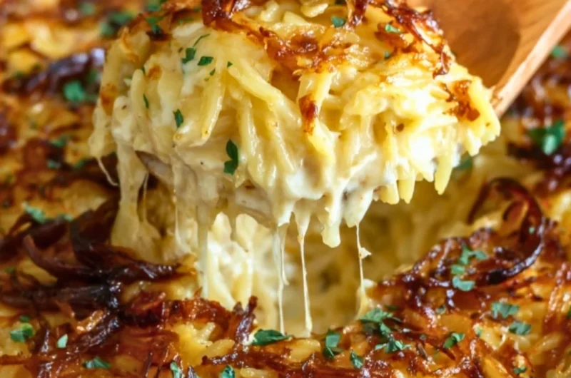 French Onion Chicken Orzo Casserole topped with cheese and herbs
