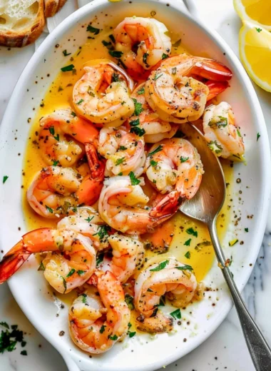 Plate of garlic butter shrimp scampi with fresh parsley and lemon