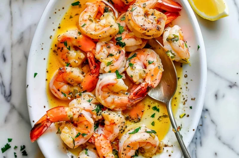 Plate of garlic butter shrimp scampi with fresh parsley and lemon