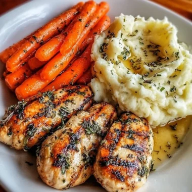 Garlic Herb Chicken served with creamy mashed potatoes and glazed carrots on a plate.