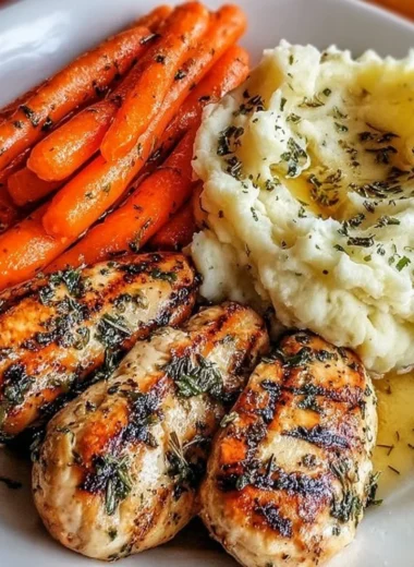 Garlic Herb Chicken served with creamy mashed potatoes and glazed carrots on a plate.