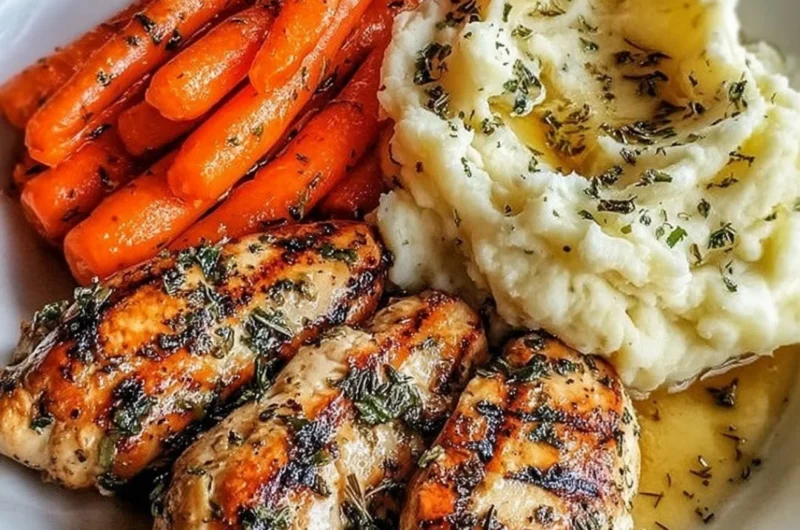 Garlic Herb Chicken served with creamy mashed potatoes and glazed carrots on a plate.