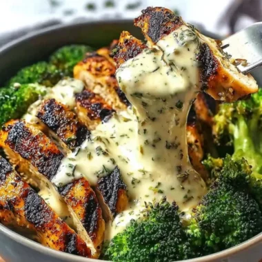 Grilled chicken and broccoli bowl topped with creamy garlic sauce