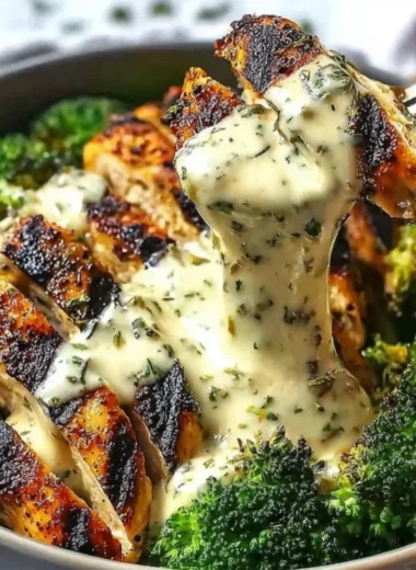 Grilled chicken and broccoli bowl topped with creamy garlic sauce