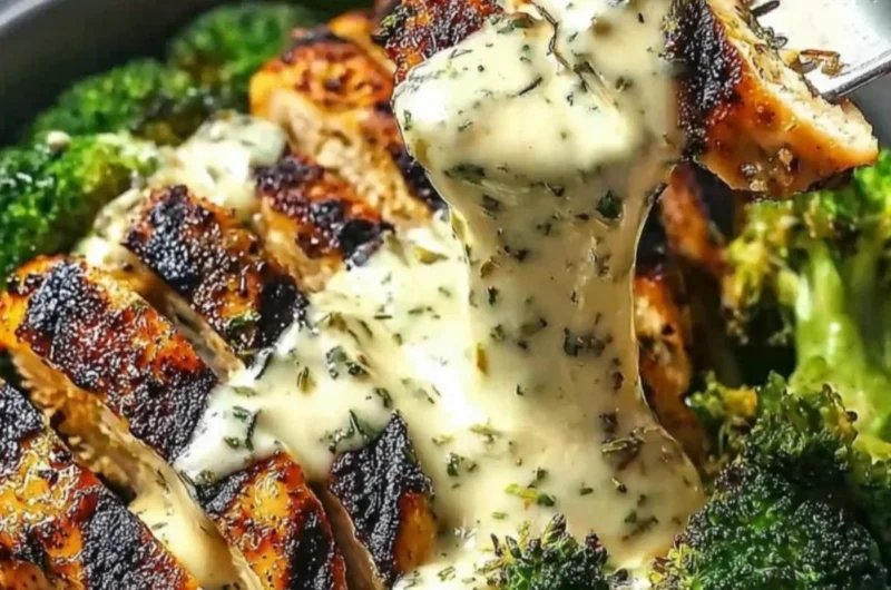 Grilled chicken and broccoli bowl topped with creamy garlic sauce