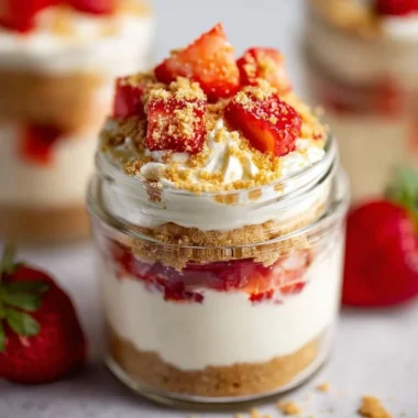 High protein cheesecake jars topped with fresh berries and nuts