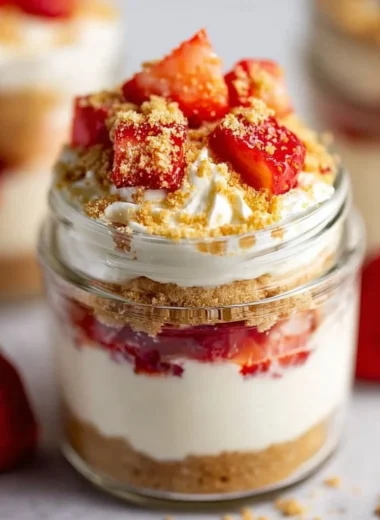 High protein cheesecake jars topped with fresh berries and nuts