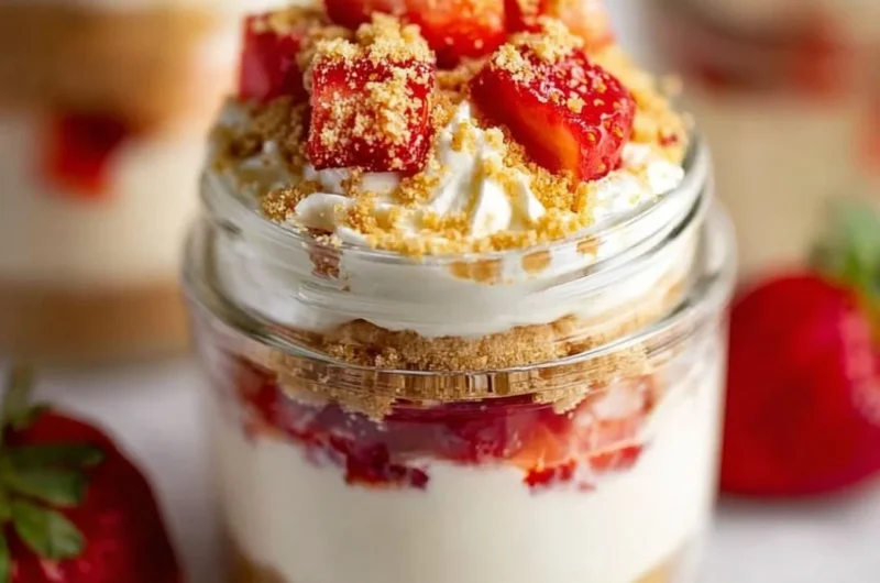 High protein cheesecake jars topped with fresh berries and nuts