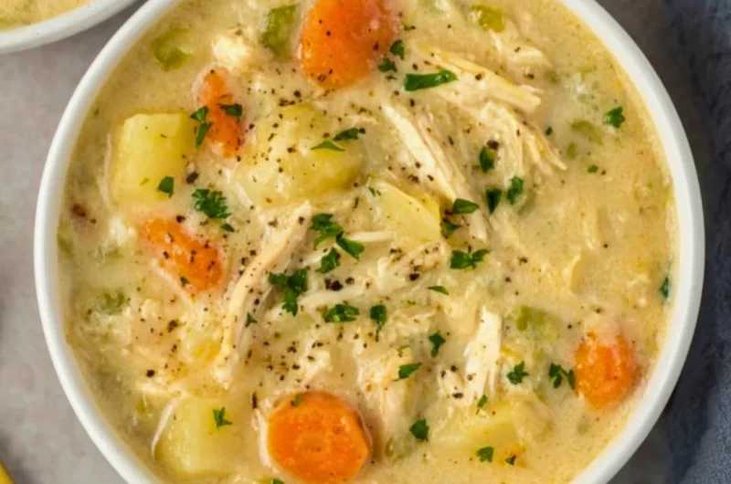 High protein chicken pot pie soup in a rustic bowl