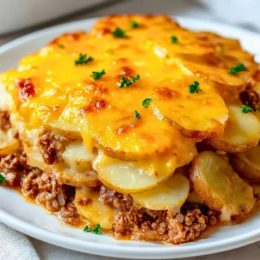 Delicious Hobo Casserole with ground beef and vegetables in a baking dish.