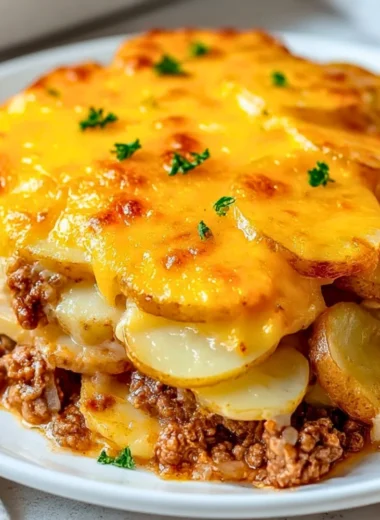 Delicious Hobo Casserole with ground beef and vegetables in a baking dish.