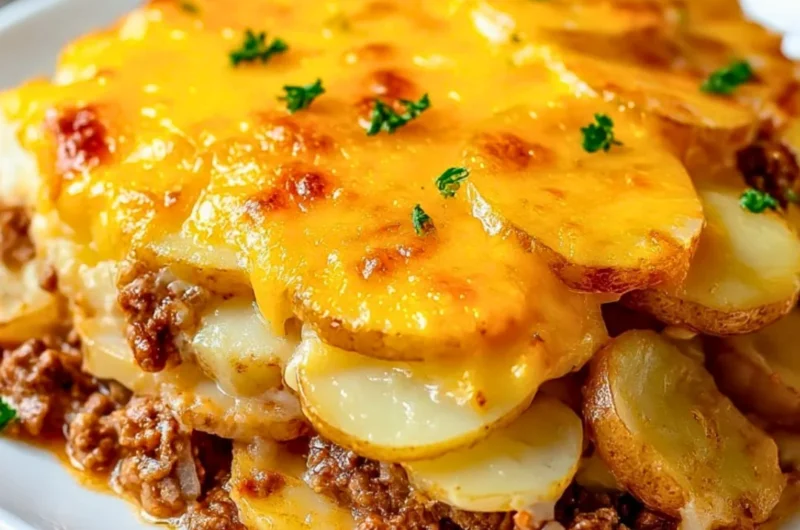 Delicious Hobo Casserole with ground beef and vegetables in a baking dish.
