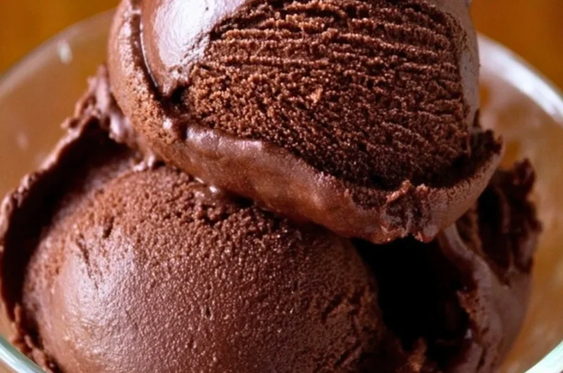Delicious homemade chocolate sorbet served in a bowl with chocolate shavings