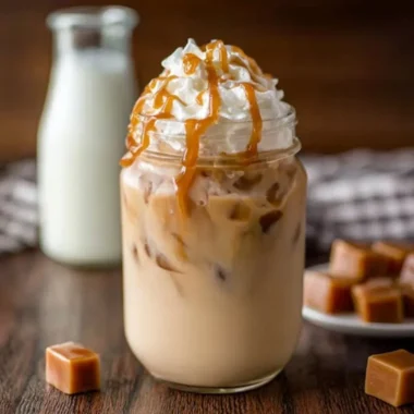 Refreshing iced caramel latte with caramel drizzle and whipped cream