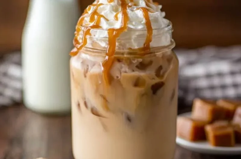 Refreshing iced caramel latte with caramel drizzle and whipped cream