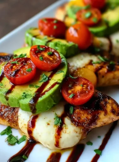 Juicy grilled avocado chicken with fresh California avocados on a plate