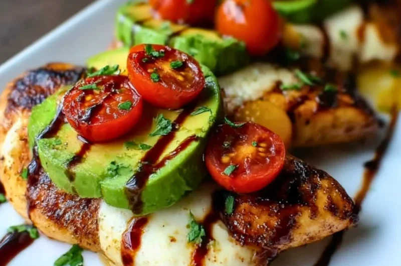 Juicy grilled avocado chicken with fresh California avocados on a plate