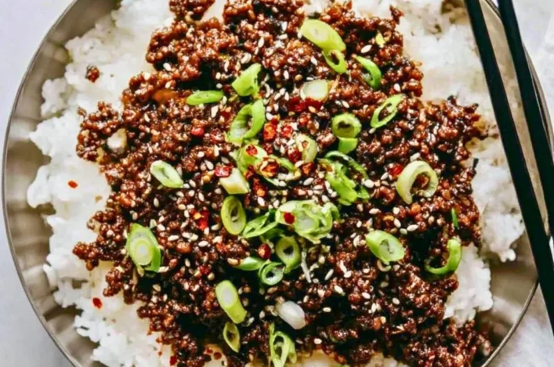 Easy Korean ground beef dish garnished with sesame seeds and green onions