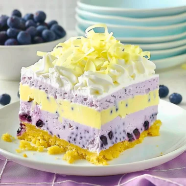 Delicious lemon blueberry lasagna dessert with layers of creamy filling and fresh berries.