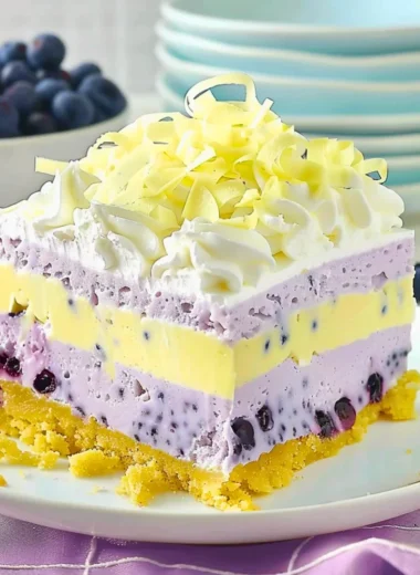 Delicious lemon blueberry lasagna dessert with layers of creamy filling and fresh berries.