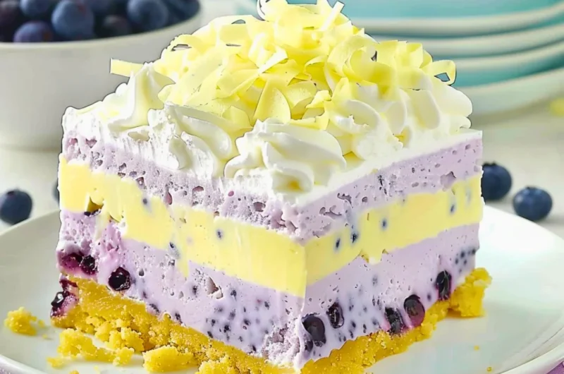 Delicious lemon blueberry lasagna dessert with layers of creamy filling and fresh berries.