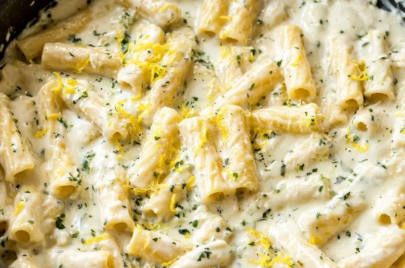 Bowl of lemon garlic cream sauce on a table with fresh ingredients