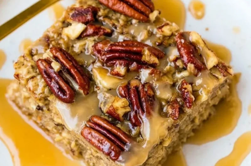 Maple Pecan Baked Oatmeal topped with nuts and syrup in a baking dish