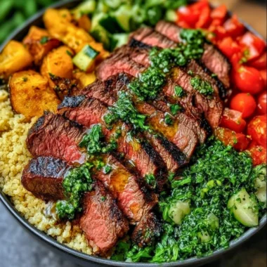 Mediterranean Steak Bowl with fresh vegetables and flavorful ingredients