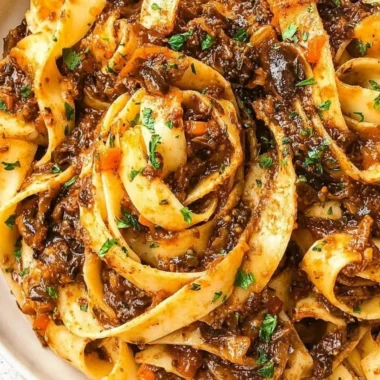 Delicious Mushroom Ragu served over pasta, garnished with fresh herbs.
