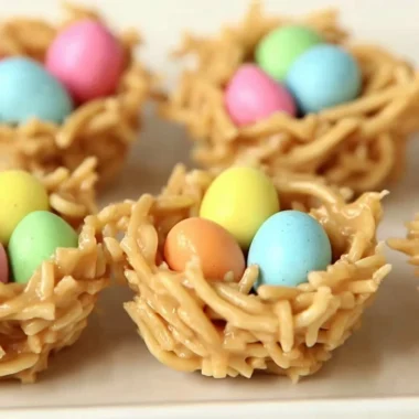 No-bake Easter Egg peanut butter haystacks with chocolate and chow mein noodles