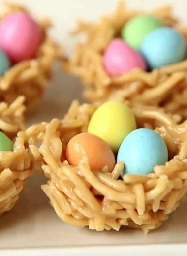 No-bake Easter Egg peanut butter haystacks with chocolate and chow mein noodles