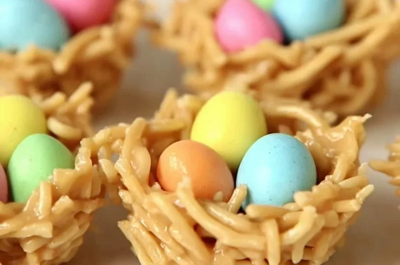 No-bake Easter Egg peanut butter haystacks with chocolate and chow mein noodles