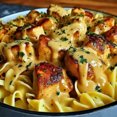 One-pan chicken recipe with buttered noodles ready to serve