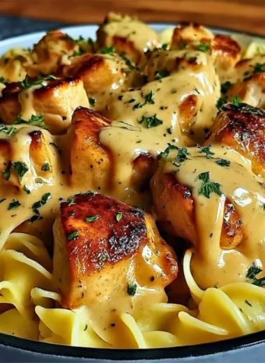One-pan chicken recipe with buttered noodles ready to serve