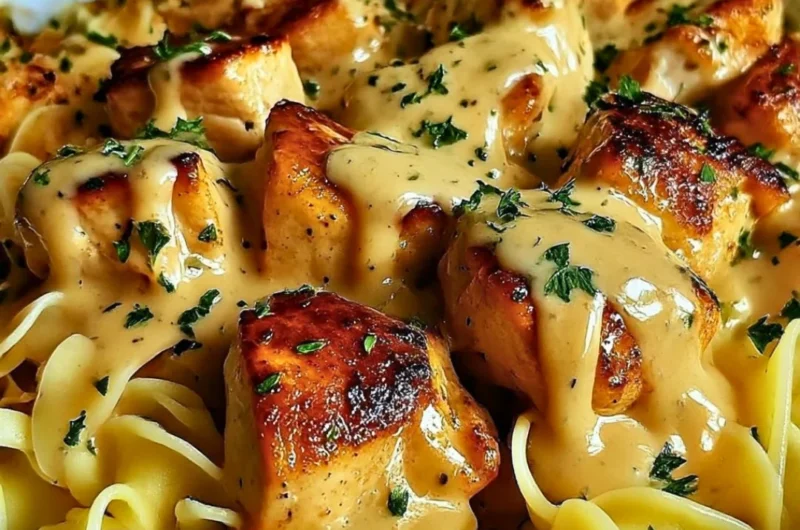 One-pan chicken recipe with buttered noodles ready to serve