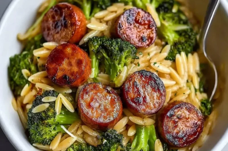 One-Pan Creamy Orzo with Chicken Sausage dish served in a bowl