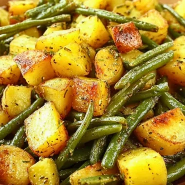 Oven-roasted potatoes and green beans served on a plate.