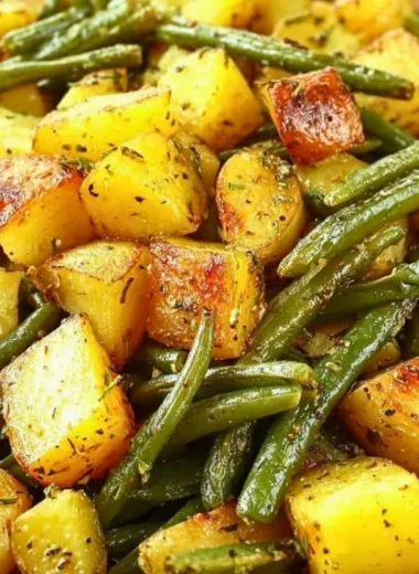 Oven-roasted potatoes and green beans served on a plate.
