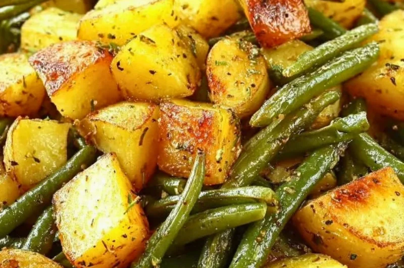 Oven-roasted potatoes and green beans served on a plate.