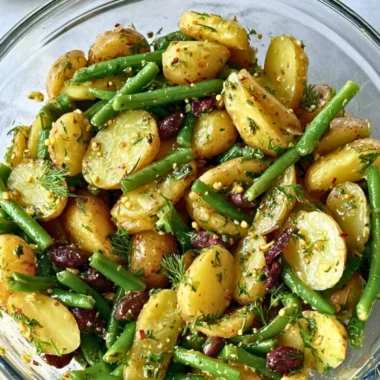 Potato and green bean salad with Kalamata olives served in a bowl